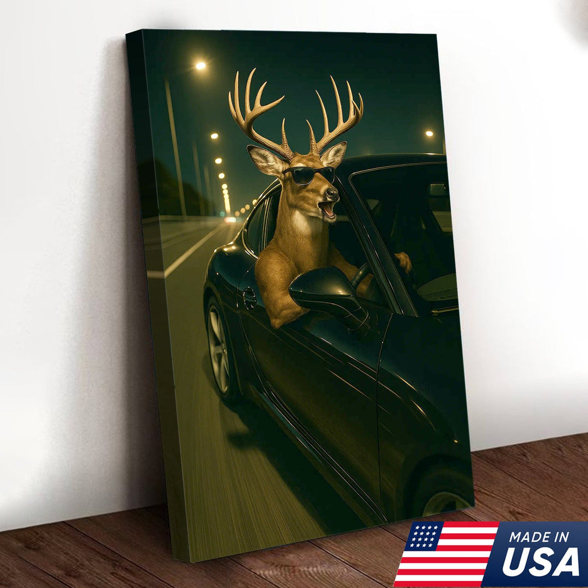 Funny Deer Driving Canvas, Cool Buck in Car Wall Art, Humorous Hunter Gift