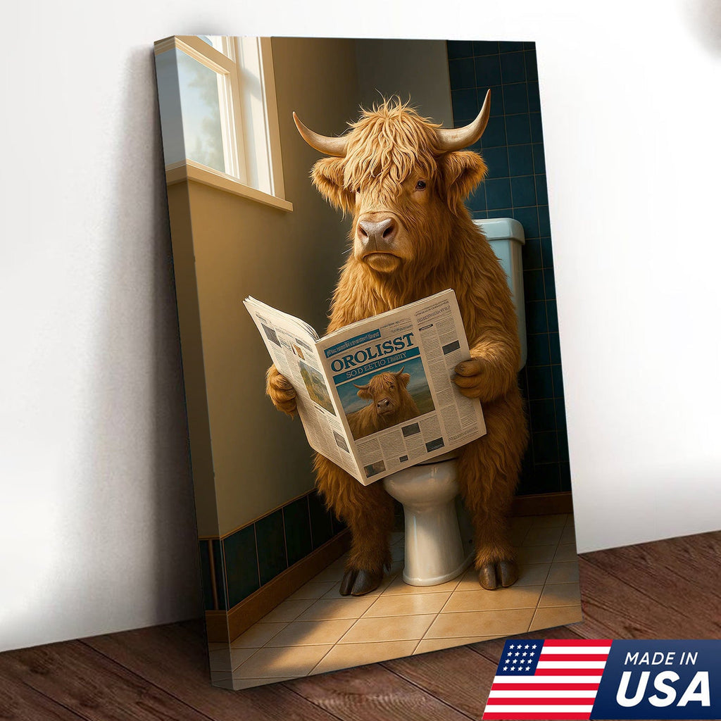 Highland Cow Bathroom Canvas Wall Art, Funny Farmhouse Restroom Decor