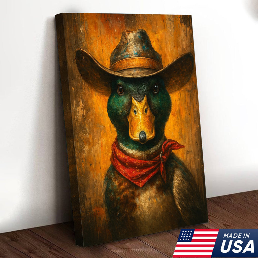 Cowboy Duck Portrait Canvas – Rustic Western Wall Art for Man Cave & Lodge Decor