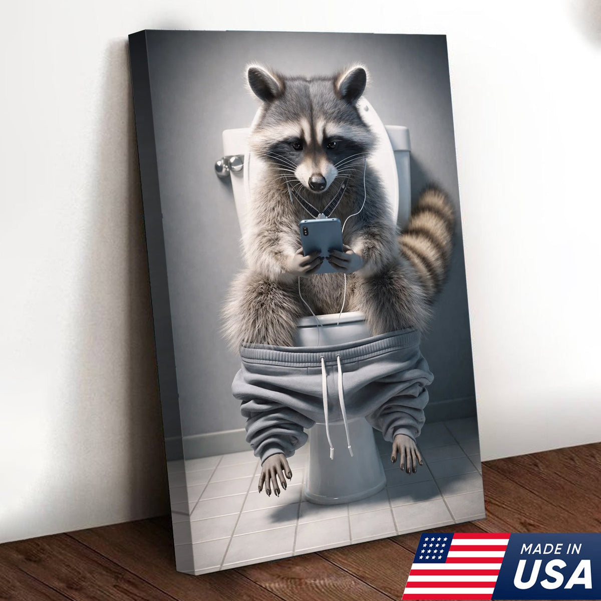 Funny Raccoon Toilet Canvas, Bathroom Humor Wall Art, Animal Decor