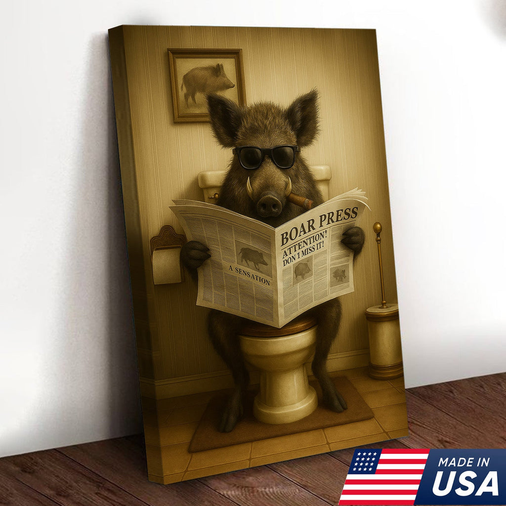 Funny Wild Boar Reading Newspaper Canvas – Funny Bathroom Wall Art