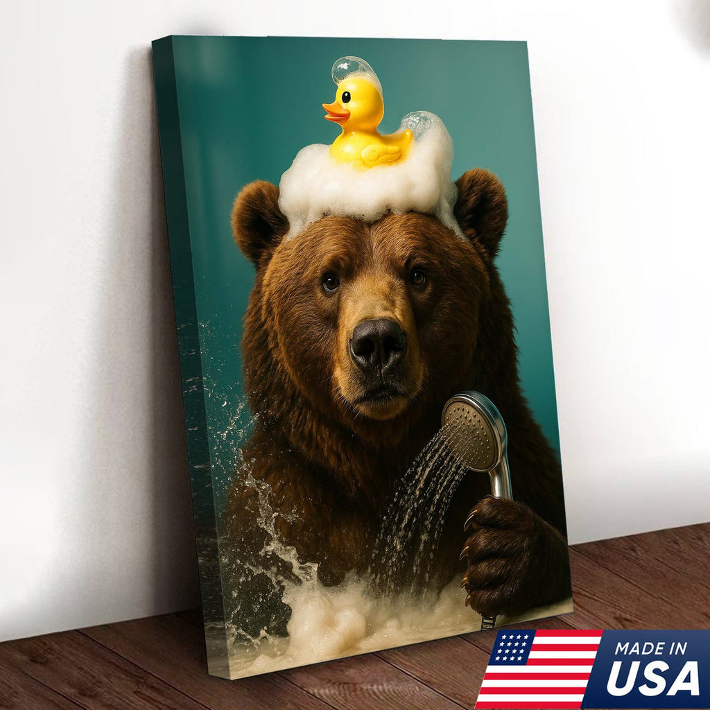 Funny Bear Bathroom Wall Art Canvas – Cute Bear Bubble Bath with Rubber Duck