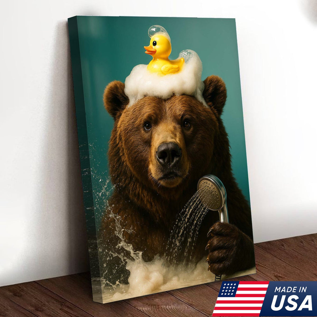 Funny Bear Bathroom Wall Art Canvas – Cute Bear Bubble Bath with Rubber Duck