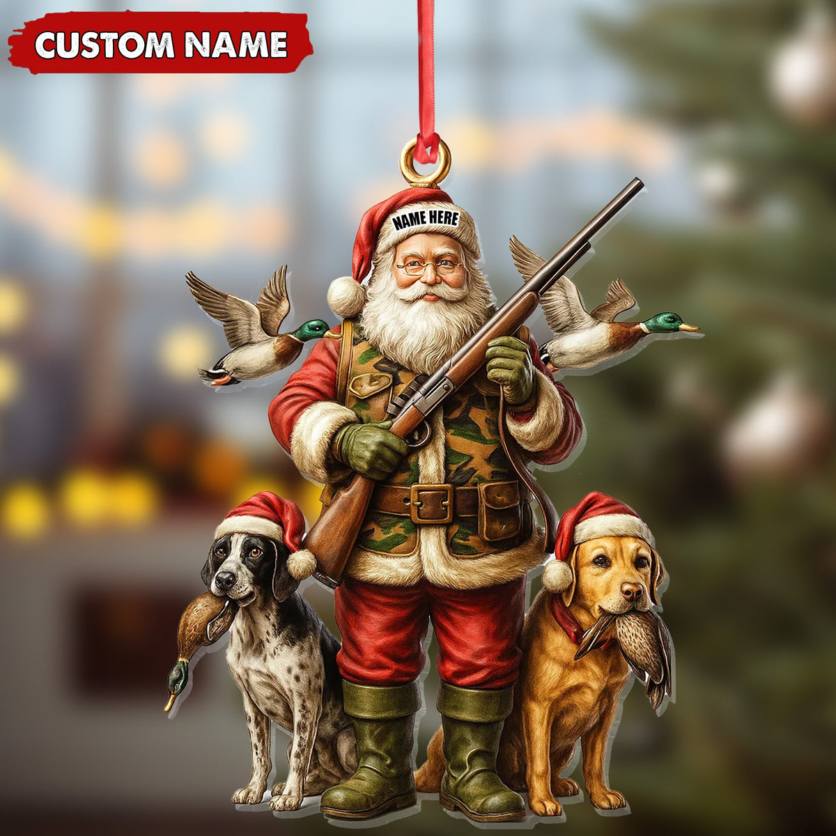 Personalized Santa Duck Hunter Ornament, Custom Name Christmas Gift for Hunting Lovers