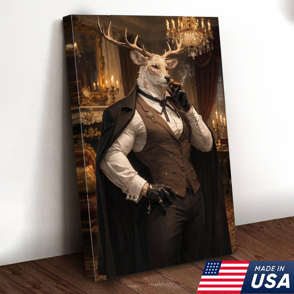 Victorian Deer Gentleman Canvas Wall Art, Elegant Stag Portrait Illustration