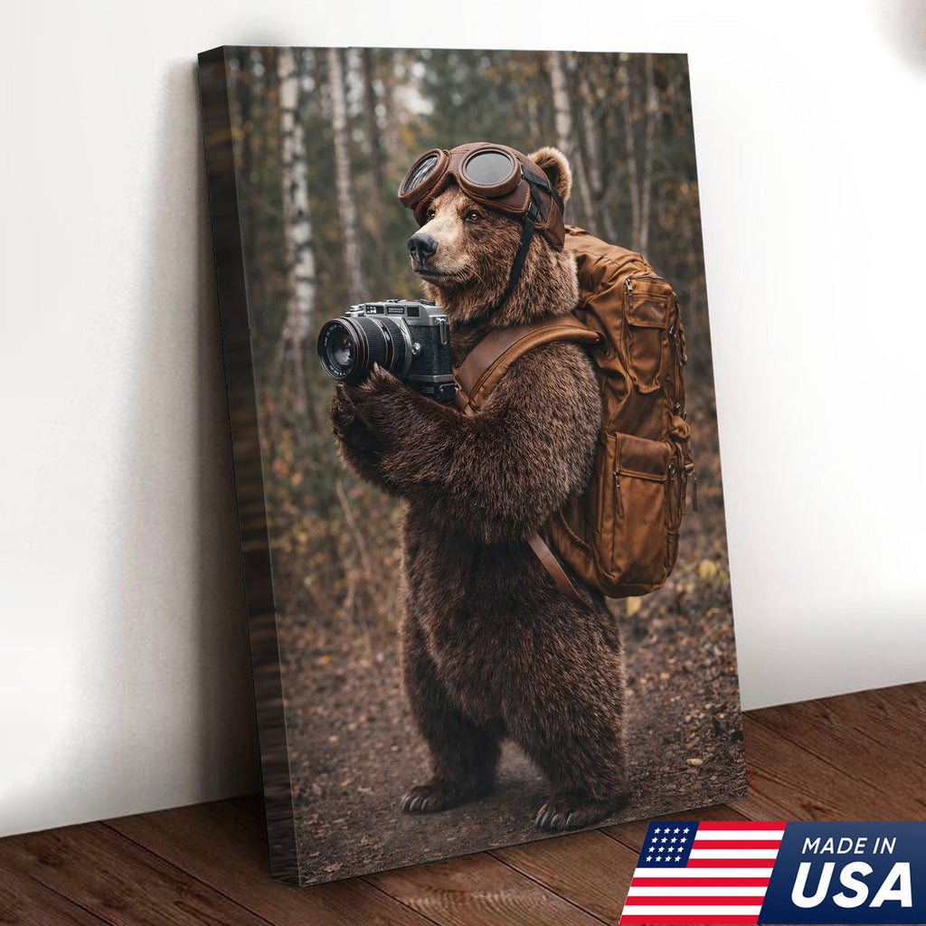 Adventure Bear Photographer Canvas Wall Art – Realistic Wildlife Explorer Print