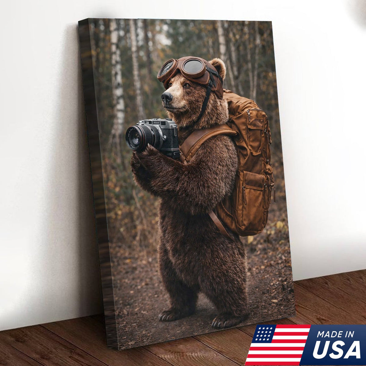 Adventure Bear Photographer Canvas Wall Art – Realistic Wildlife Explorer Print