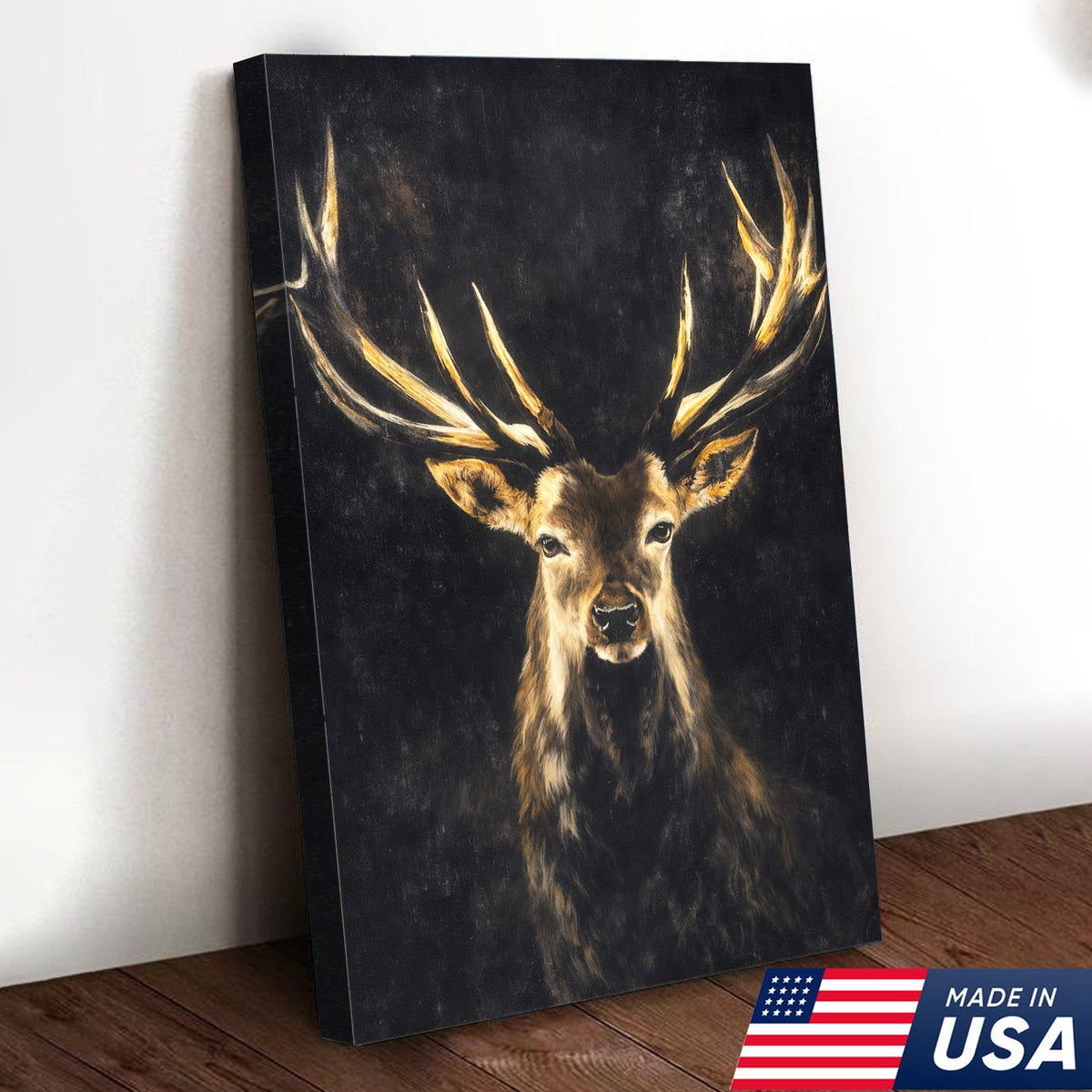 Majestic Deer Canvas Wall Art – Golden Antlers Stag Wildlife Canvas Rustic Cabin Decor