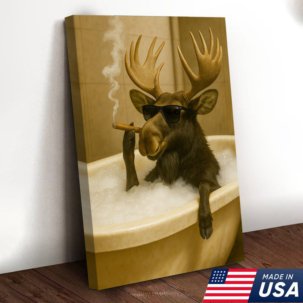 Rustic Bathroom Humor Moose Canvas – Smoking Bubble Bath Wall Art for Hunting Cabin