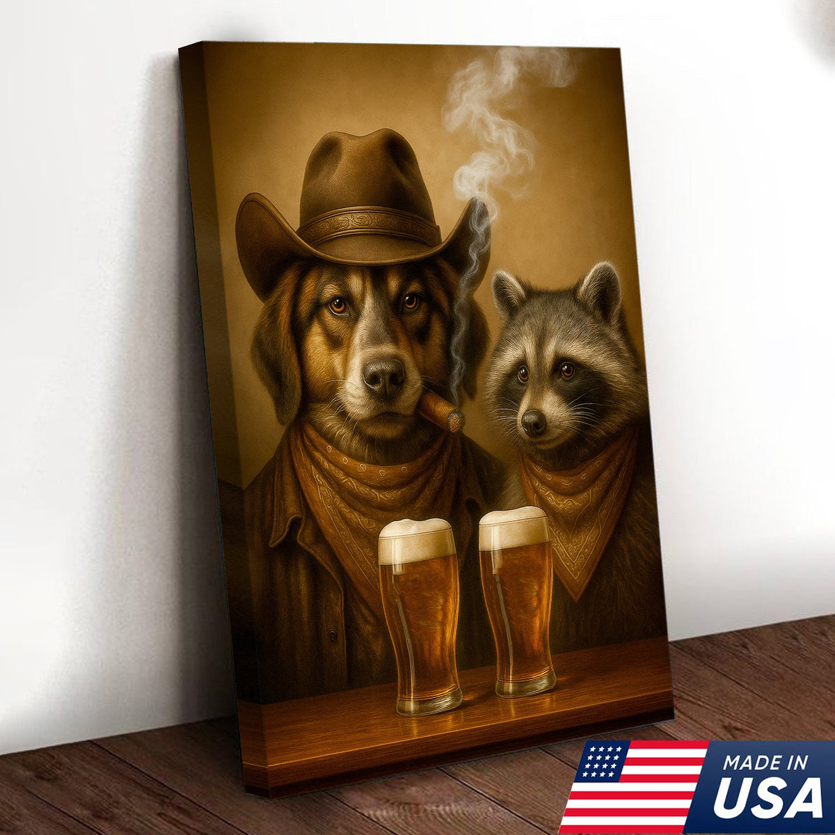Funny Dog & Raccoon Cowboy Canvas Wall Art – Funny Western Beer Decor for Hunters