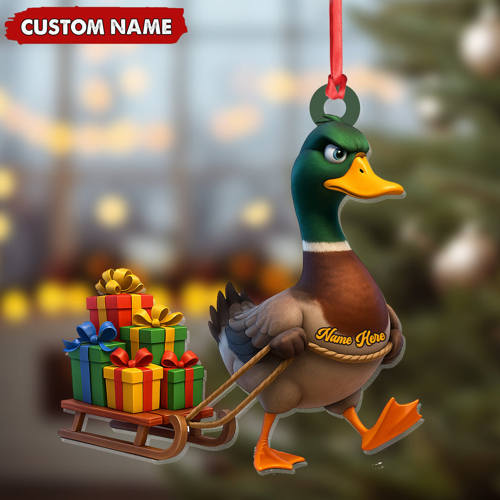 Funny Duck Acrylic Christmas Ornament - Mallard Pulling Gifts, Unique Christmas Gift for Hunters