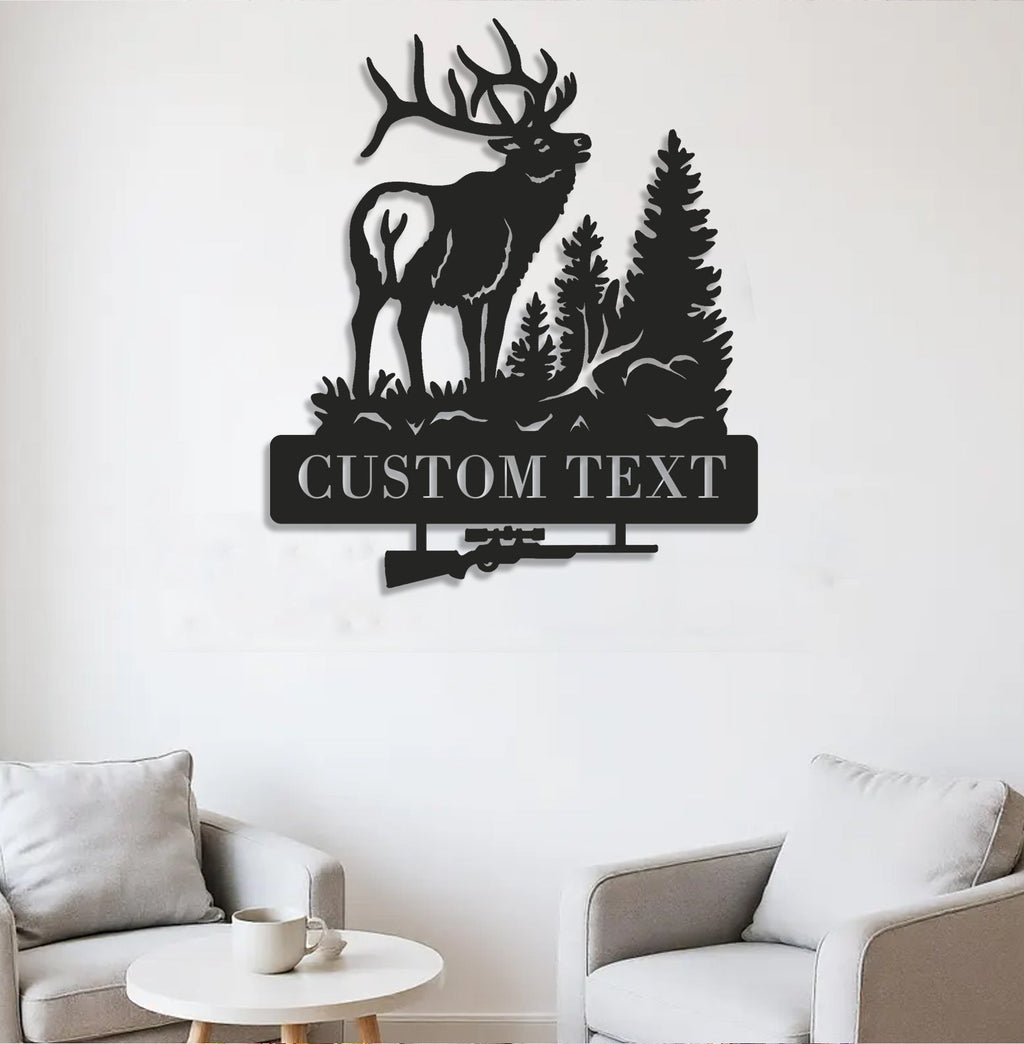 Personalized Elk Hunting Metal Sign WITH LED/WITHOUT LED Light Deer Forest Scene Custom Name Rifle Wall Art Hunter Gift