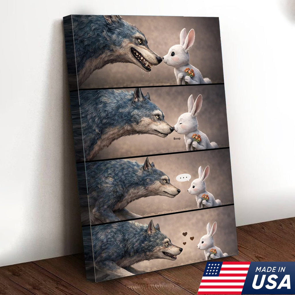 Cute Wolf and Bunny Comic Canvas Print, Whimsical Animal Love Story Wall Art Decor