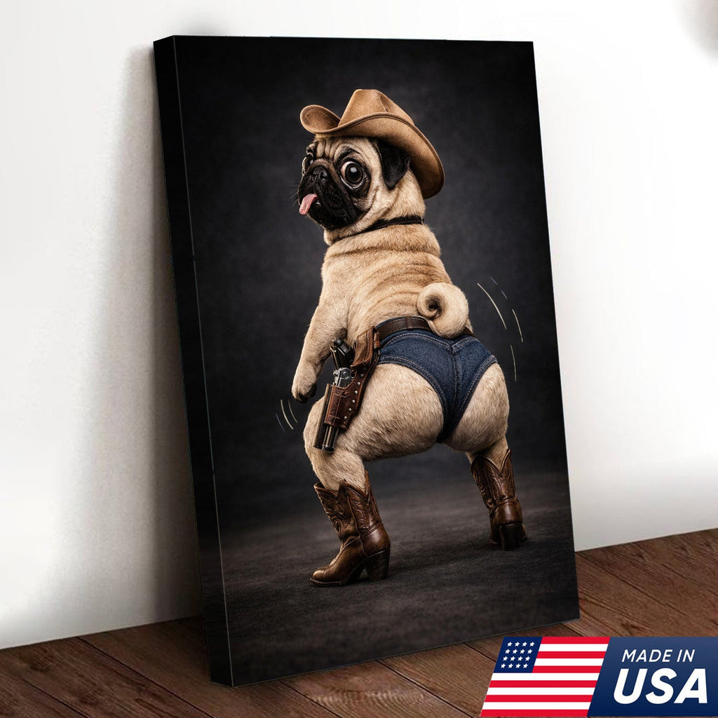 Funny Pug Canvas – Cowboy Dog Wall Art – Western Humor Decor