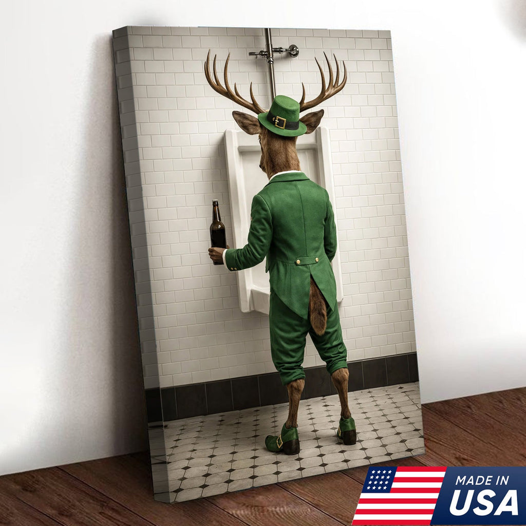 Funny Deer Canvas Wall Art, Leprechaun Buck Bathroom Humor Print