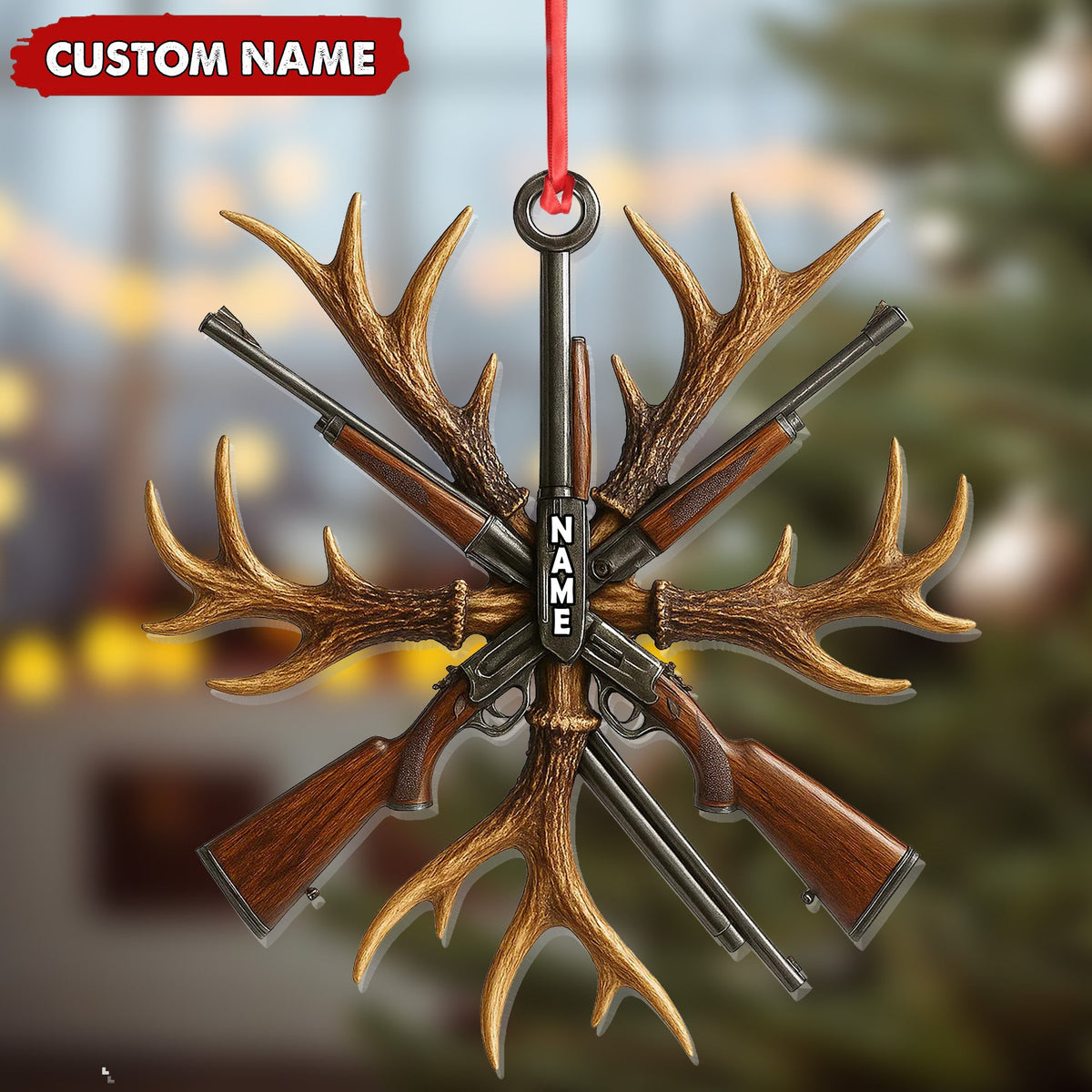 Custom Name Hunting Ornament, Antlers and Rifles Christmas Decor for Hunters