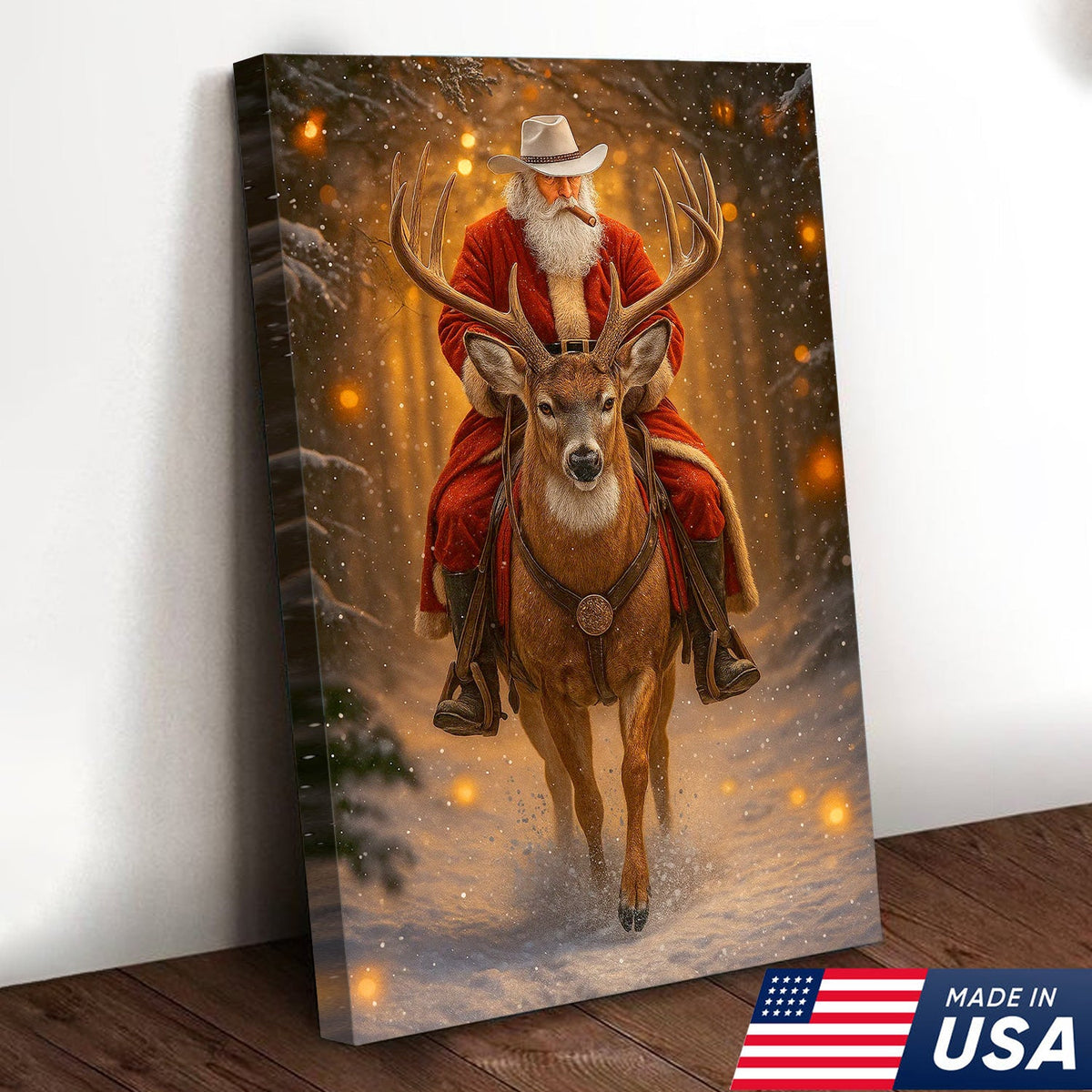 Cowboy Santa Riding Deer Canvas, Western Christmas Wall Art Decor