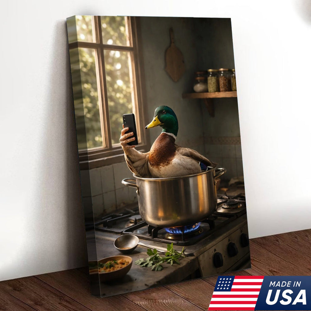 Funny Duck Cooking Selfie Canvas Wall Art, Whimsical Kitchen Animal Illustration