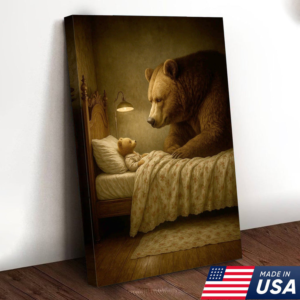 Mother Bear and Cub Canvas Wall Art, Whimsical Bedtime Wildlife Artwork