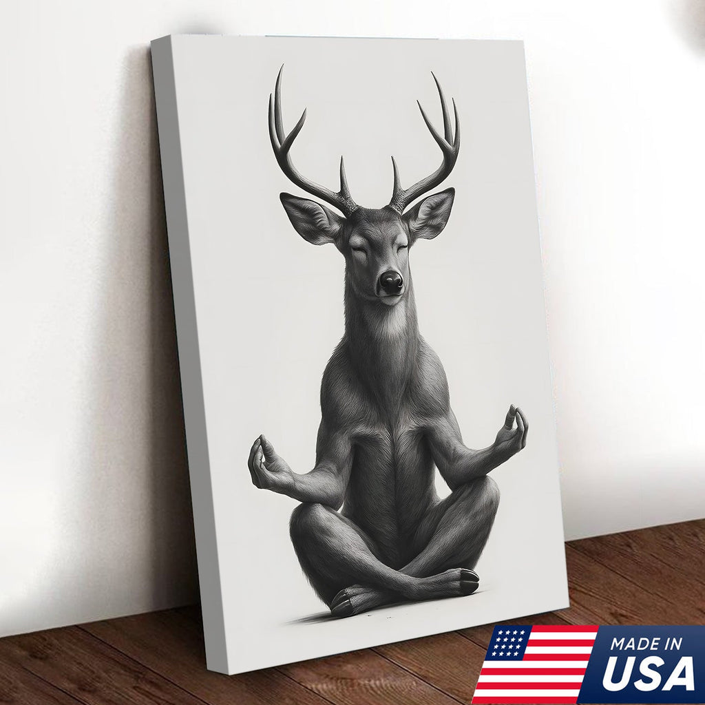 Yoga Deer Canvas Wall Art, Meditating Buck Minimalist Black and White Print, Peaceful Wildlife Zen Decor