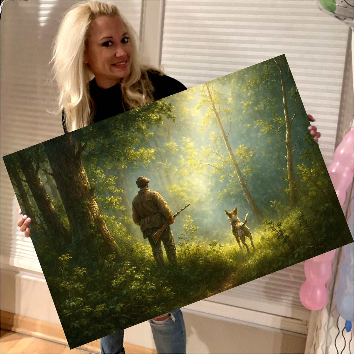 Hunting Canvas Wall Art – Hunter and Dog in Sunlit Forest – Rustic Cabin Decor