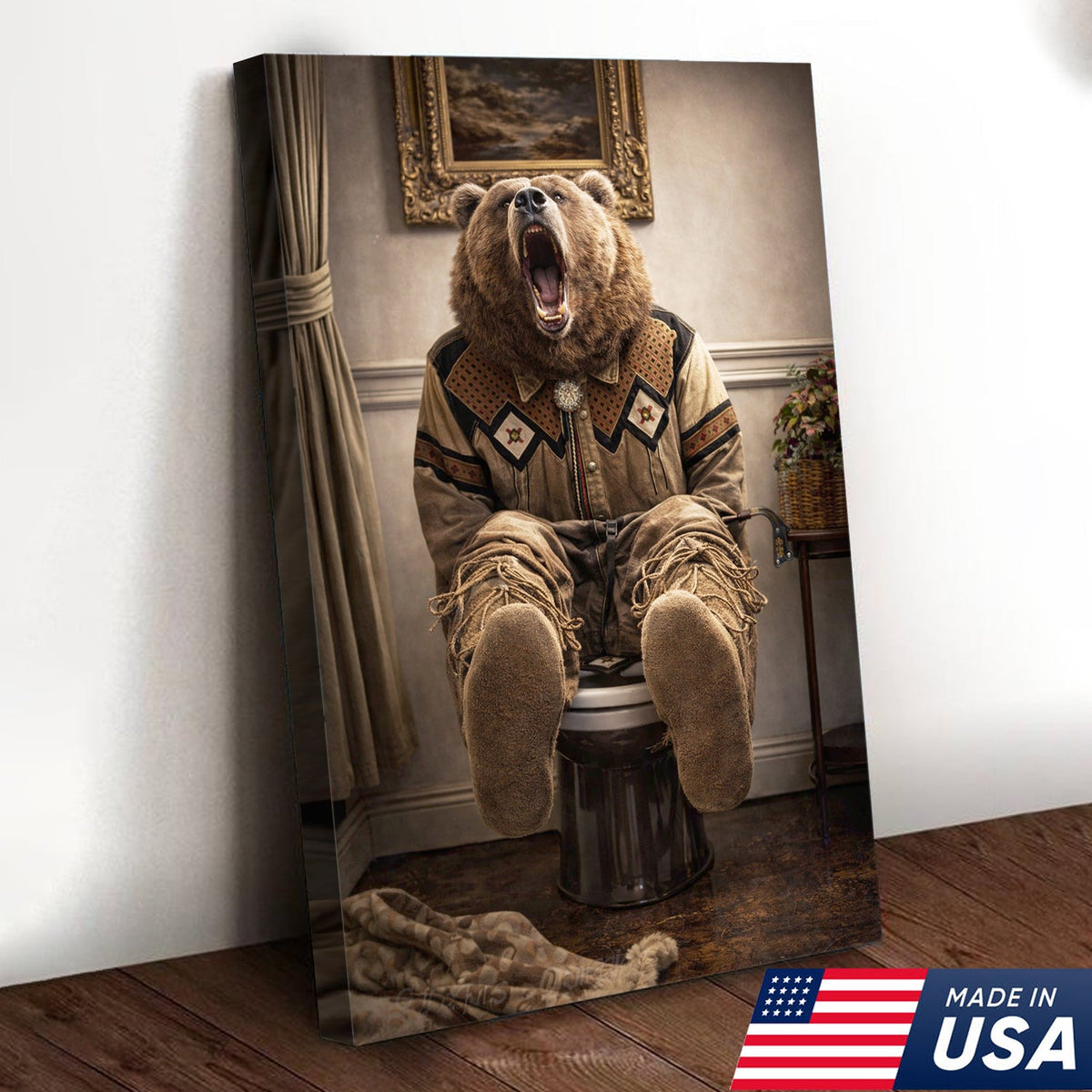 Funny Bear Bathroom Canvas Wall Art – Western Bear On Toilet