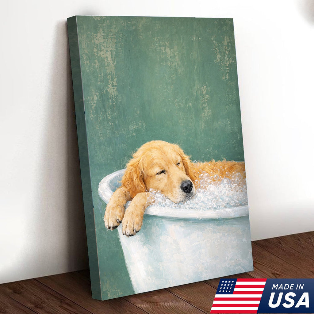 Golden Retriever Bath Canvas Wall Art, Cute Dog Bathroom Decor