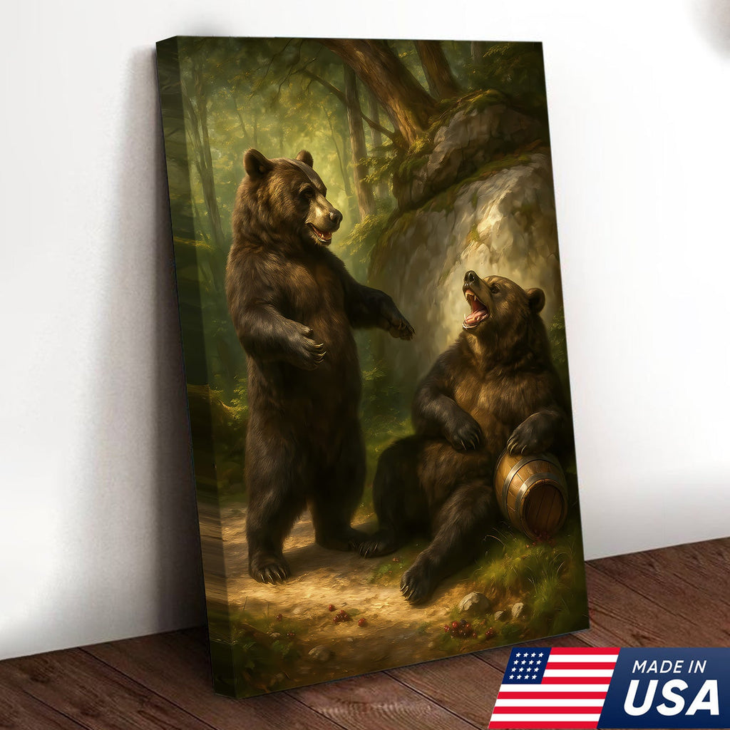 Funny Drunk Bears Canvas – Rustic Cabin Wall Art Gift for Hunters, Beer Lovers & Man Caves