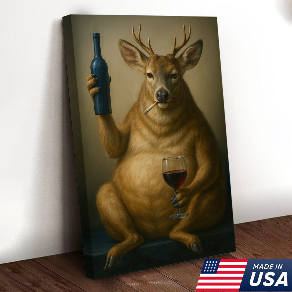 Funny Deer Wall Art Canvas – Fat Buck with Wine Glass Rustic Lodge Decor