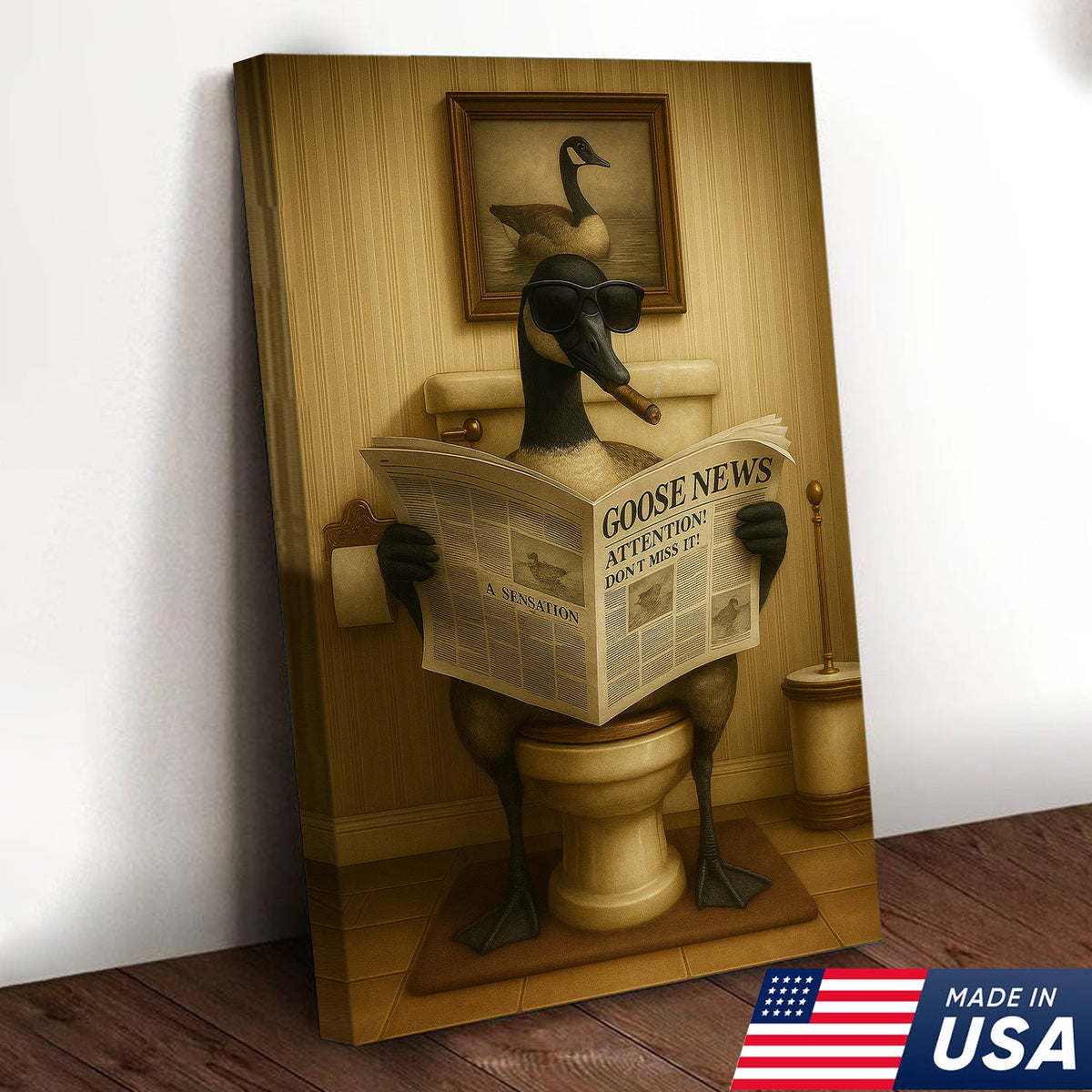 Funny Canada Goose Reading Newspaper Canvas – Funny Bathroom Wall Art