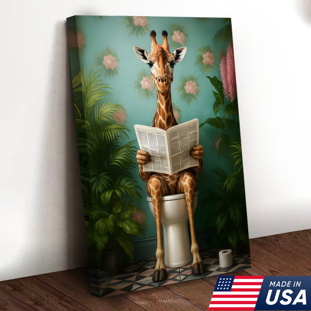 Funny Giraffe Bathroom Canvas Wall Art, Whimsical Animal Reading Newspaper Print