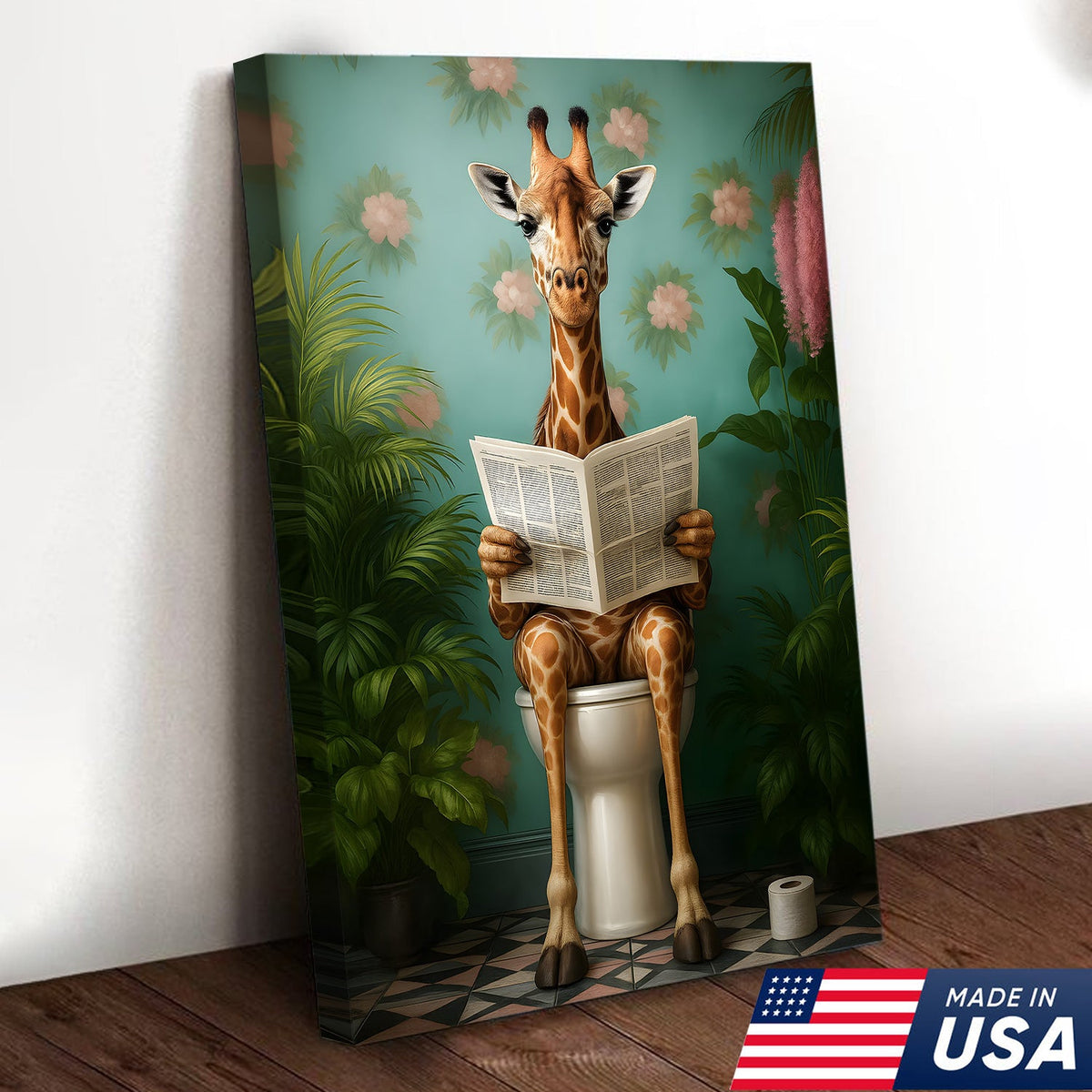 Funny Giraffe Bathroom Canvas Wall Art, Whimsical Animal Reading Newspaper Print