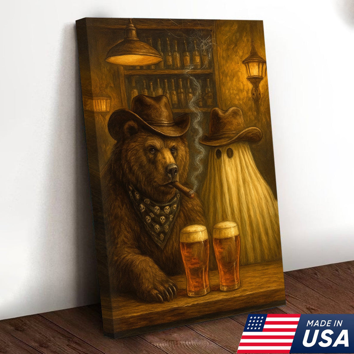 Halloween Bar Bear Canvas – Funny Rustic Cowboy Ghost Wall Art for Cabin, Hunters