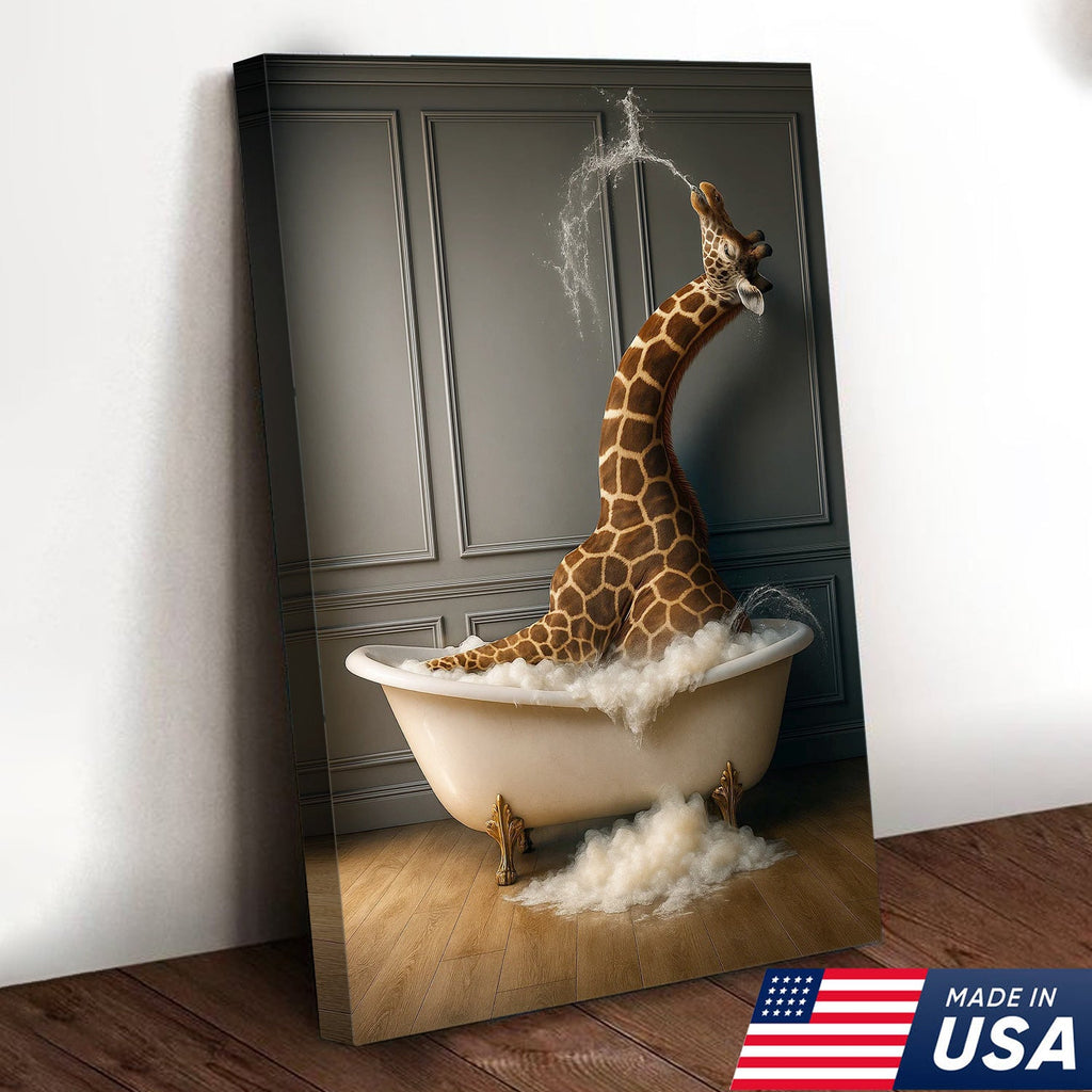 Funny Giraffe Bubble Bath Wall Art Canvas, Animals in Bathtub Kids Bathroom Decor