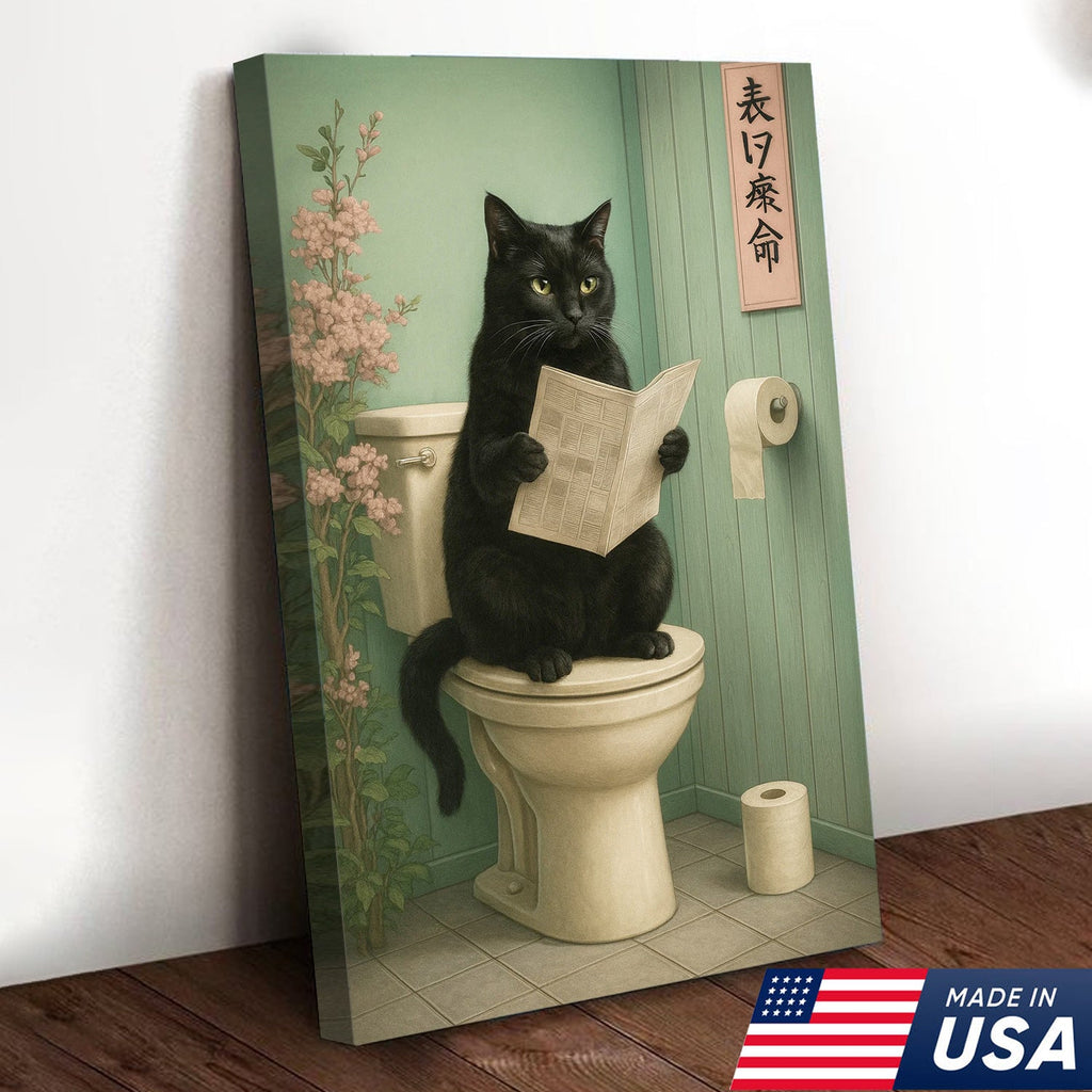 Funny Cat Bathroom Canvas Wall Art, Black Cat on Toilet Reading Newspaper