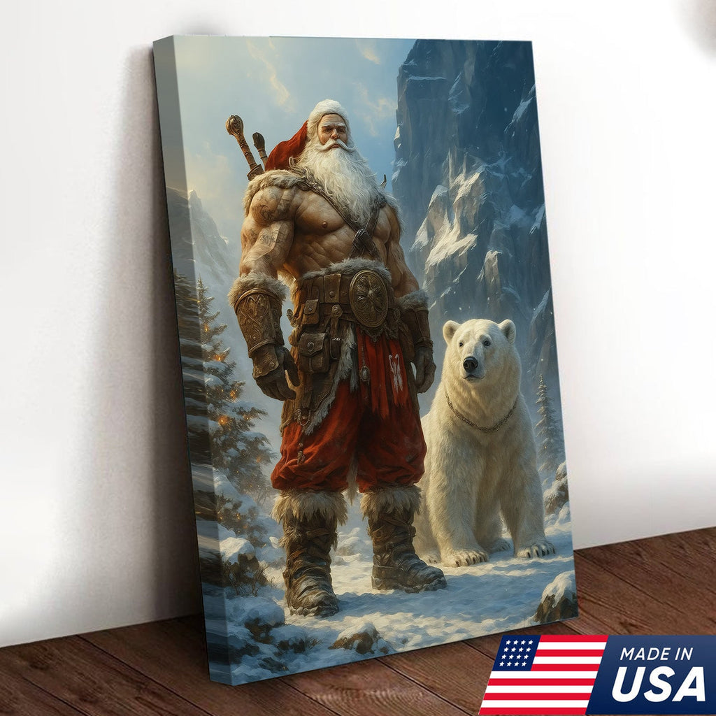 Viking Santa with Polar Bear Canvas Wall Art, Epic Christmas Warrior Decor