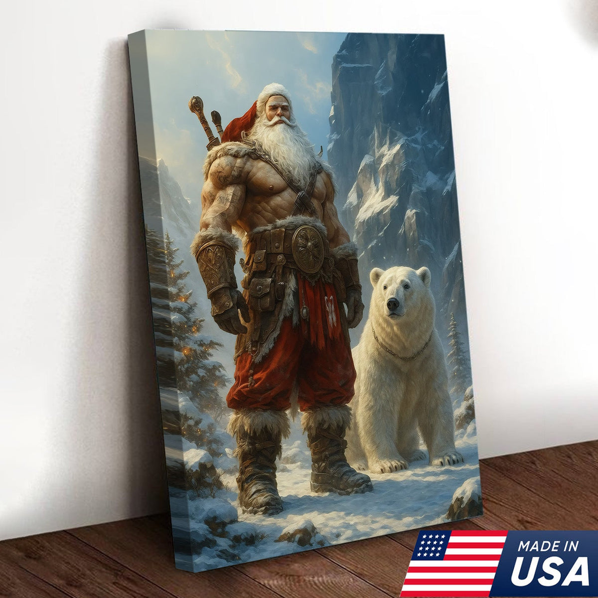 Viking Santa with Polar Bear Canvas Wall Art, Epic Christmas Warrior Decor