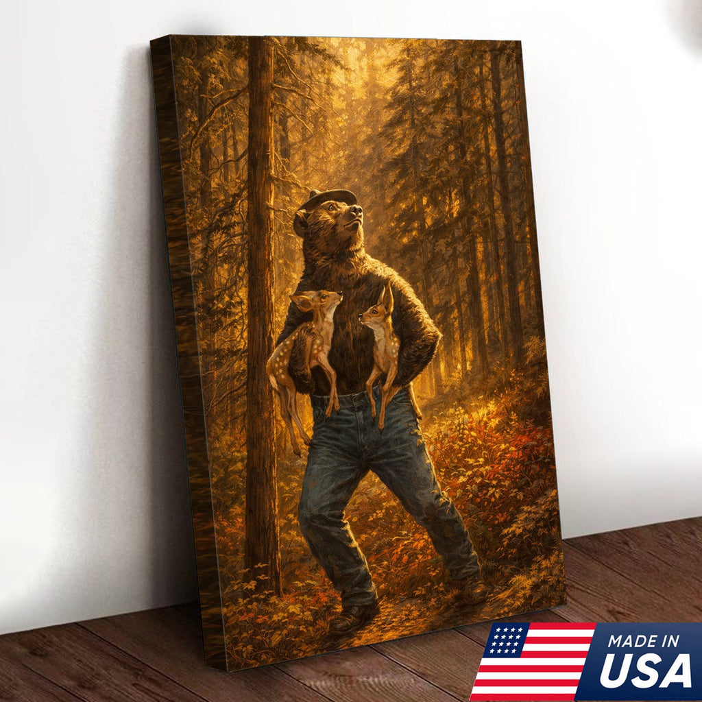 Protector of the Wild Canvas Wall Art – Bear Holding Fawns Forest Scene Print