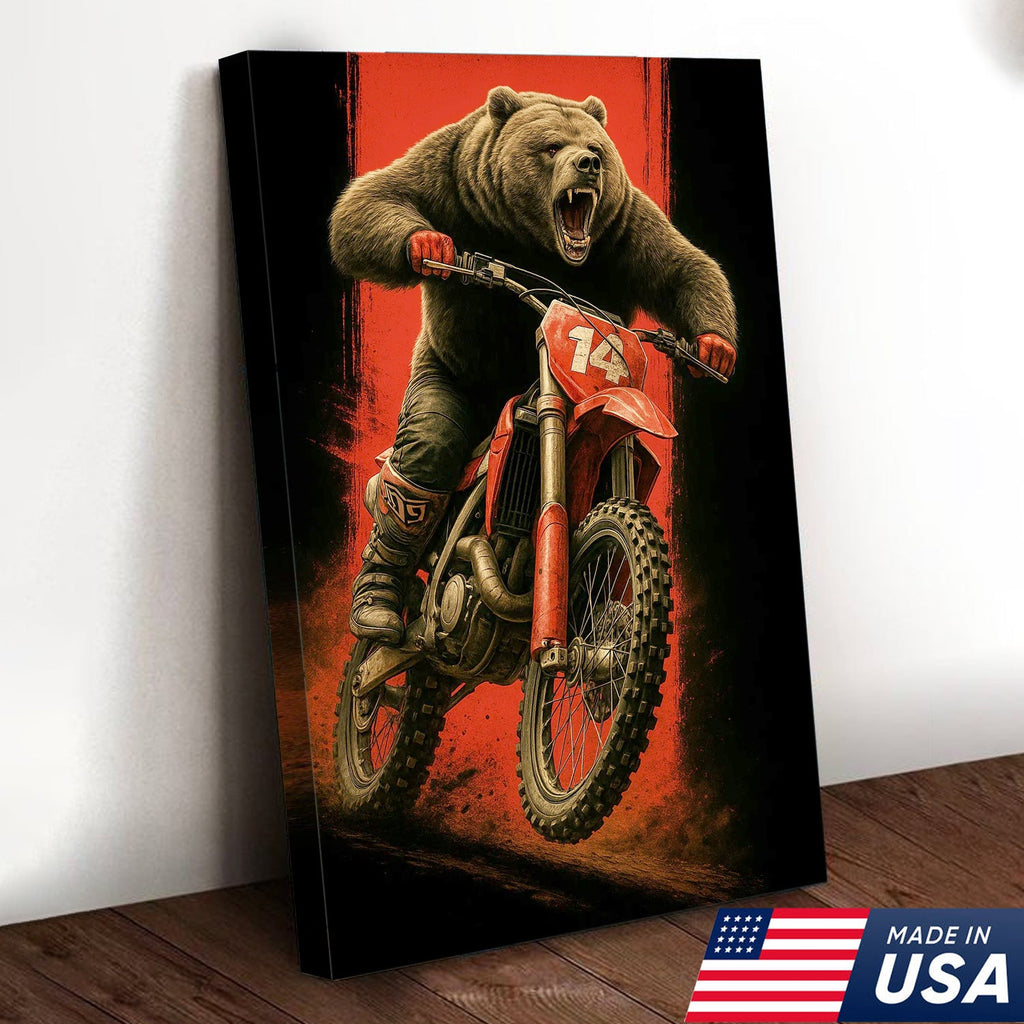 Motocross Bear Wall Art Canvas, Fierce Dirt Bike Racing Bear Print