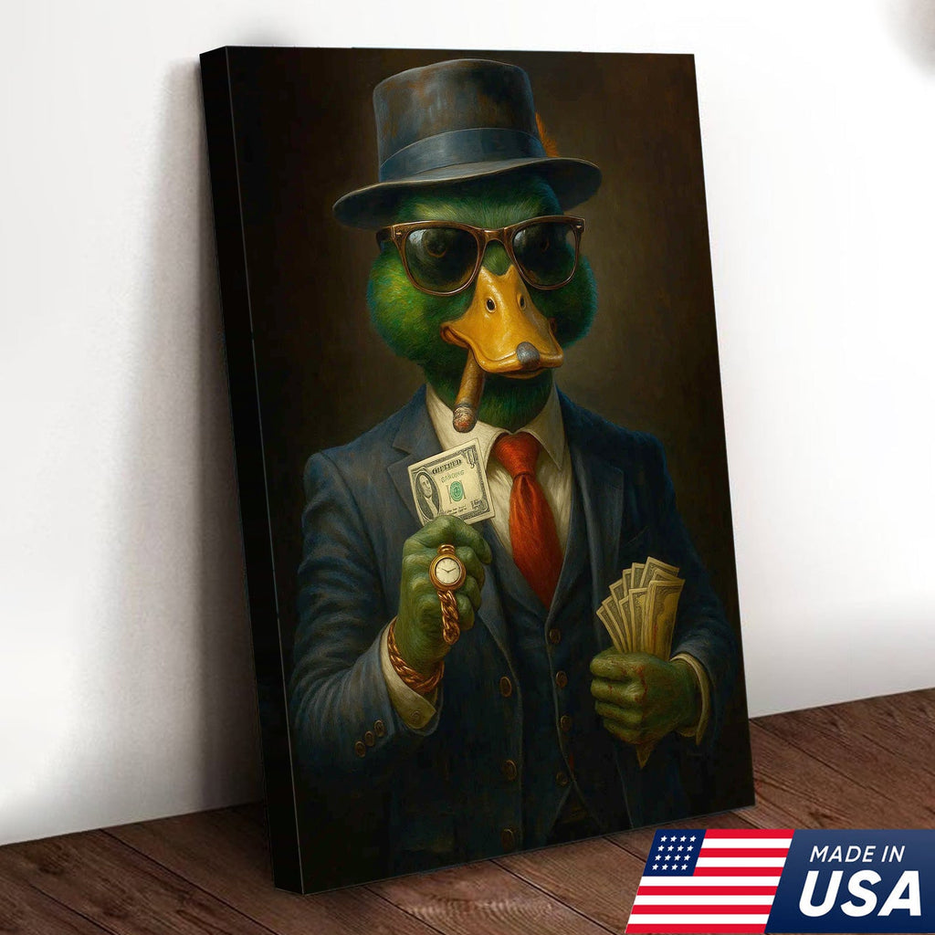 Gangster Duck Money Canvas Wall Art, Rich Boss Duck in Suit Holding Cash