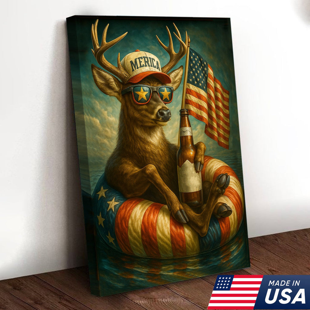 Patriotic Deer Wall Art Canvas – Funny American Flag Wall Art, Man Cave & Rustic Cabin Decor