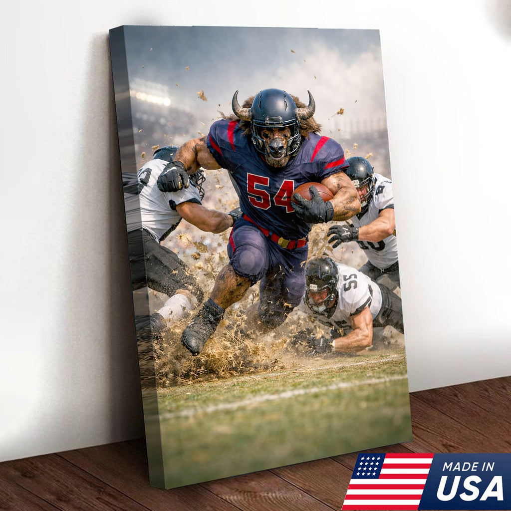 Bull Football Player Canvas Wall Art – Powerful Stadium Action Sports Print
