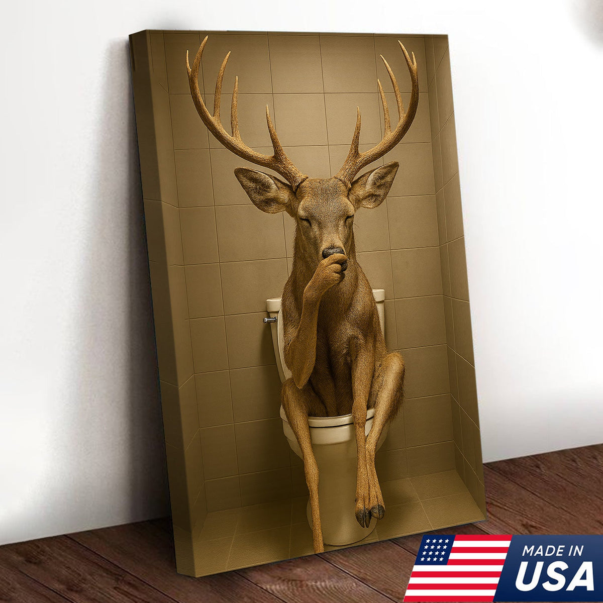 Funny Deer Bathroom Canvas Wall Art – Rustic Toilet Canvas for Cabin, Lodge & Man Cave Decor