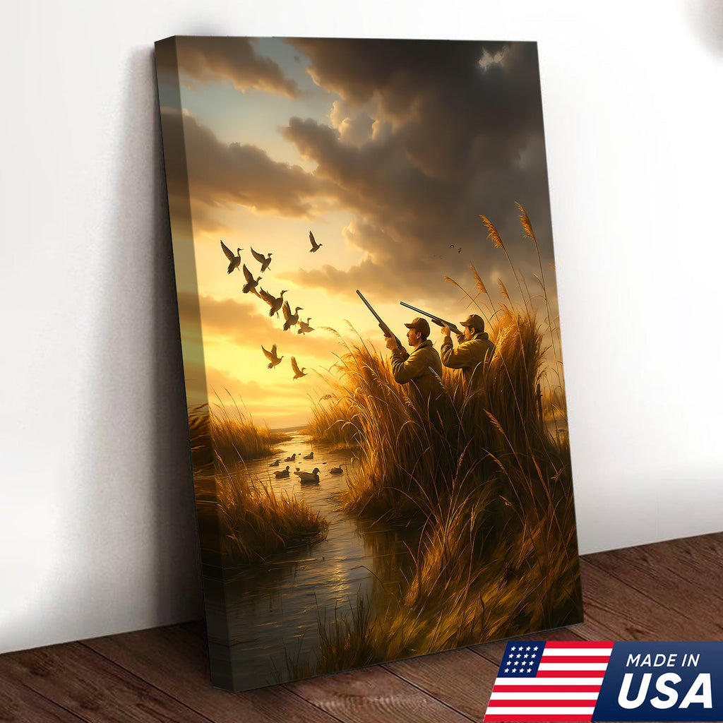 Duck Hunting Sunset Canvas – Rustic Wall Art for Hunters, Cabins & Outdoor Enthusiasts