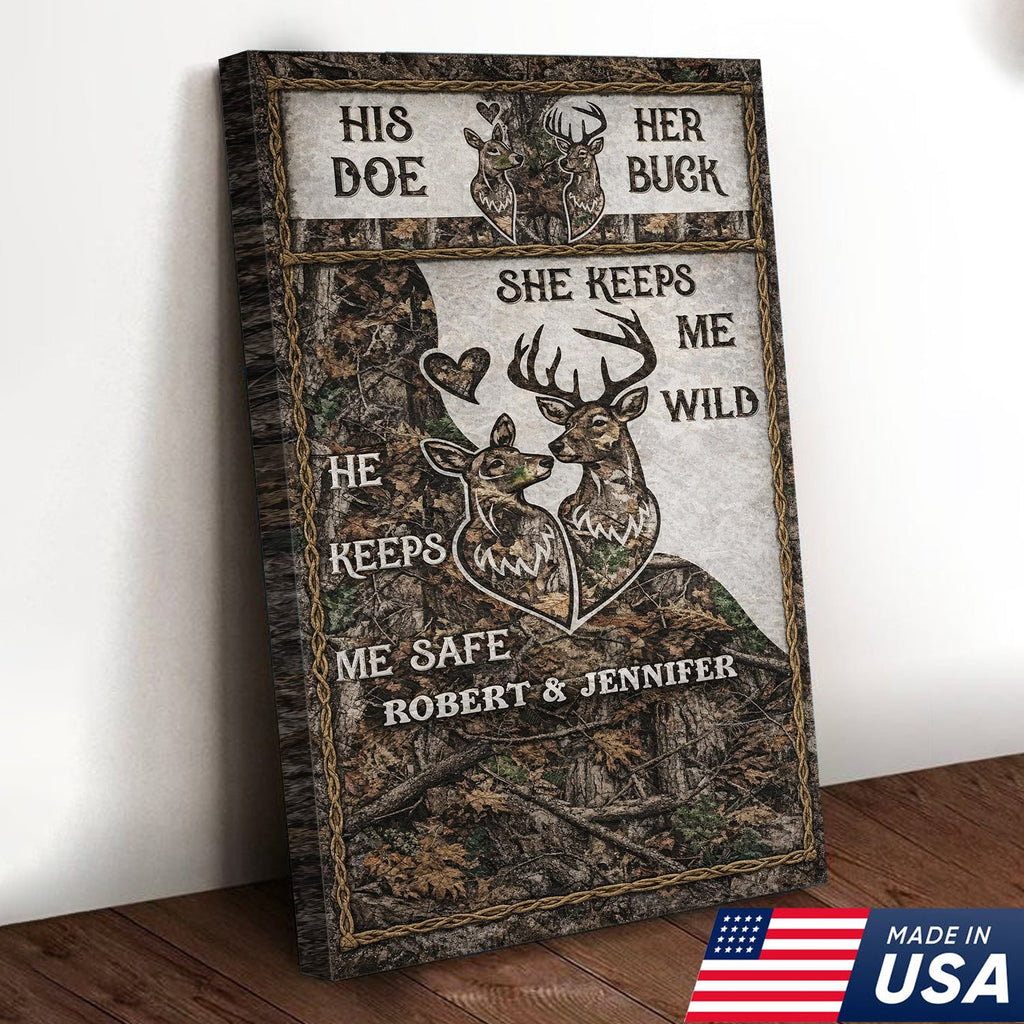 Personalized His Doe Her Buck Canvas Wall Art, Rustic Deer Couple Love Quote Artwork