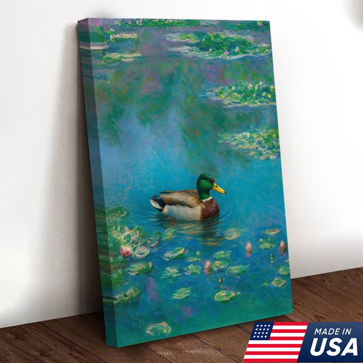 Serene Duck Pond Canvas Wall Art – Tranquil Mallard Painting – Rustic Cabin and Lodge Decor