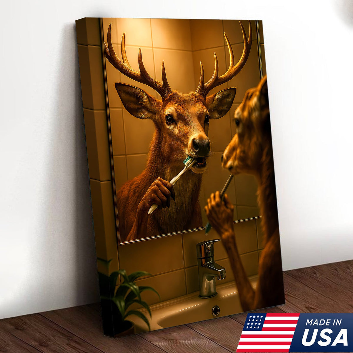 Deer Brushing Teeth Canvas – Funny Bathroom Wall Art, Cabin Decor Gift for Hunters