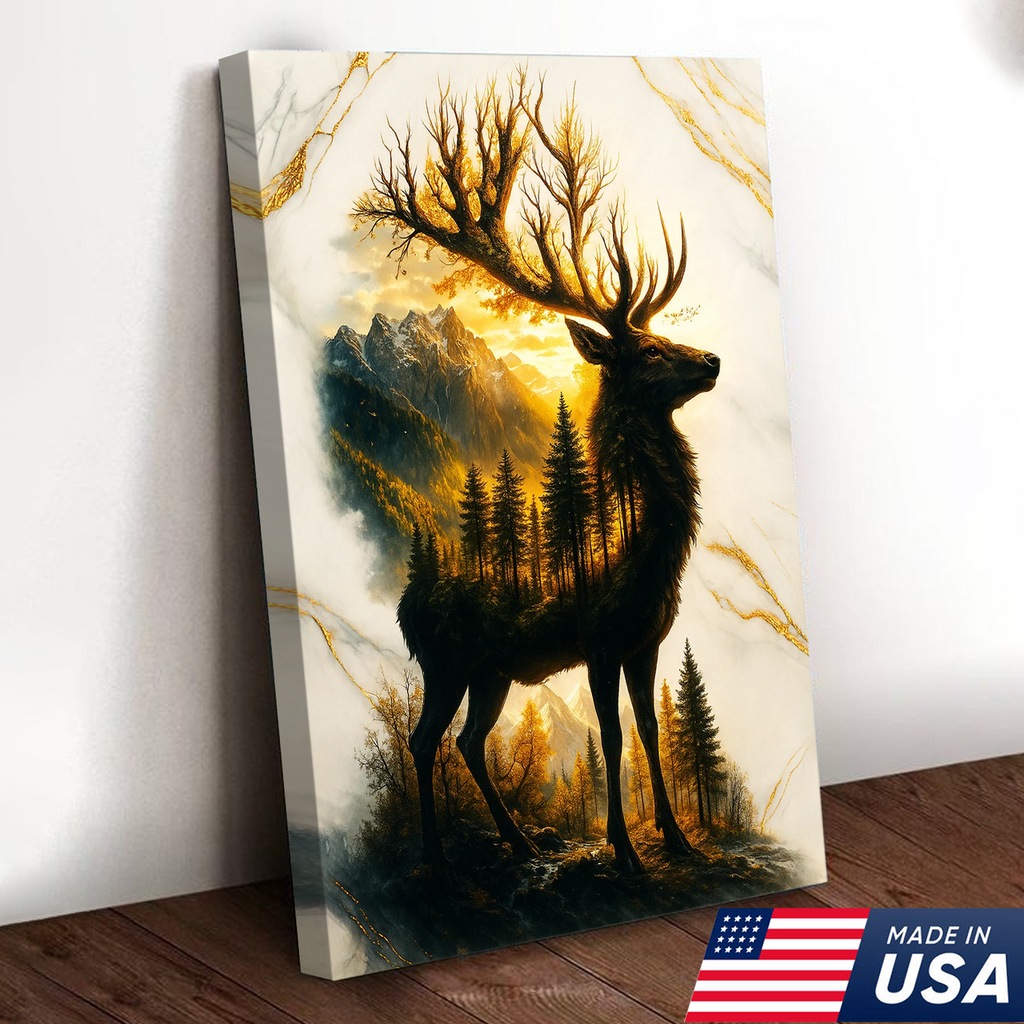 Majestic Deer Canvas Wall Art – Rustic Wildlife Decor, Forest Landscape within Buck Silhouette
