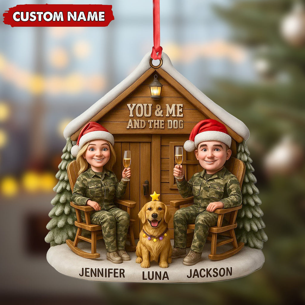 Personalized Hunter Couple Dog Christmas Ornament, Custom Name “You and Me and the Dog” Cabin, Cute Hunting Family Pet Lover Gift