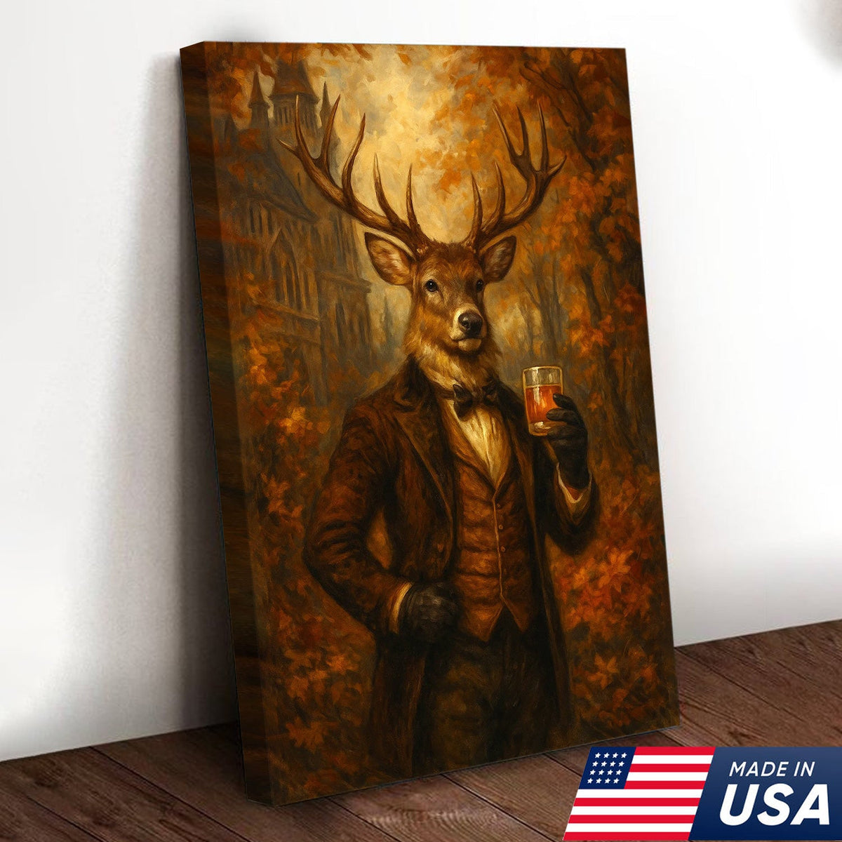 Deer Gentleman Whiskey Canvas Wall Art – Rustic Fall Hunting Lodge & Man Cave Decor